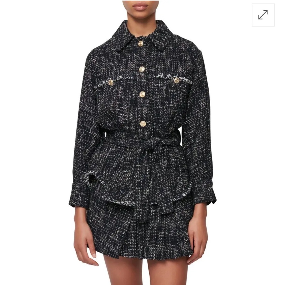 NWT Maje Sz 36 Belted Cotton Blend Boucle’ Tweed Tie Waist Jacket Blue